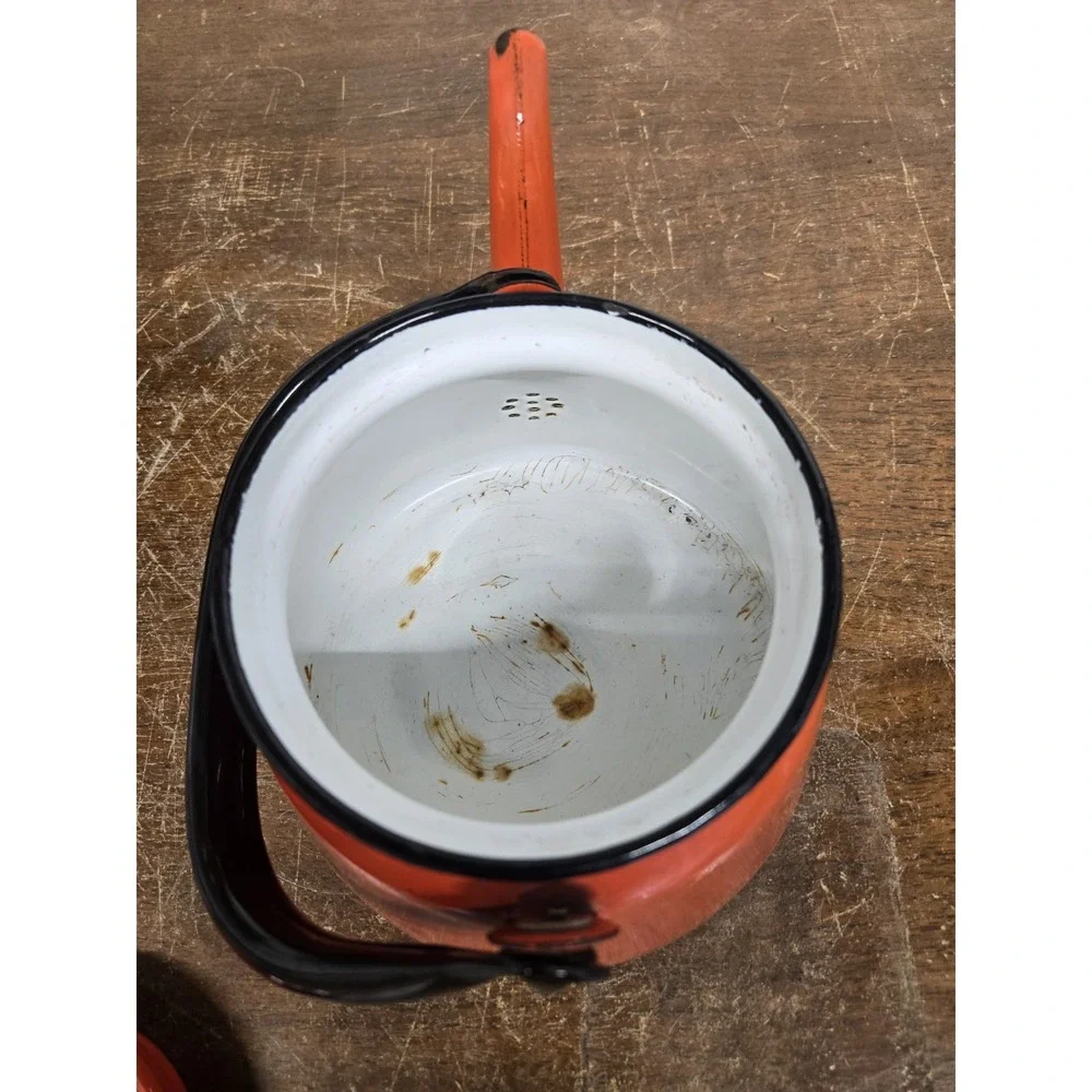 Vintage Huta Silesia Poland Orange Enamelware Tea Kettle Teapot Retro MCM
